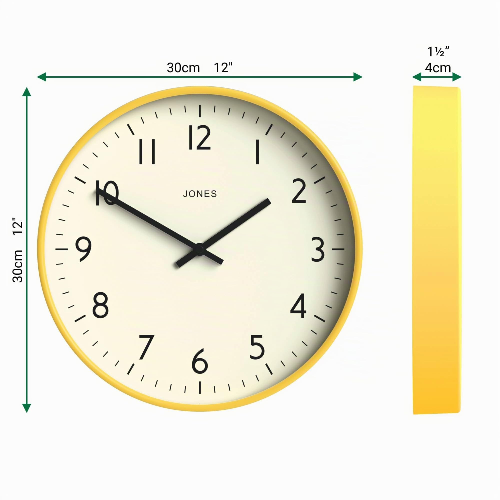 JONES CLOCKS® Studio Uhr | Moderne rundwanduhr | 30cm | Gelb | Leicht lesbare Zahlen | Vielseitiges Design für küche, Wohnzimmer oder büro