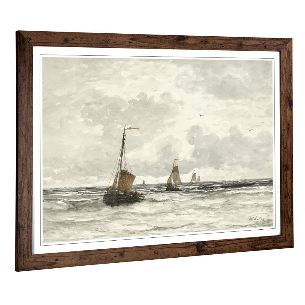 Big Box Art Framed Print of Hendrik Willem Mesdag Sea and Boats Design | Wall Art Picture | Home Decor for Kitchen, Living Room, Bedroom, Hallway, Walnut, A2 / 24.5x18 Inch / 62x45cm