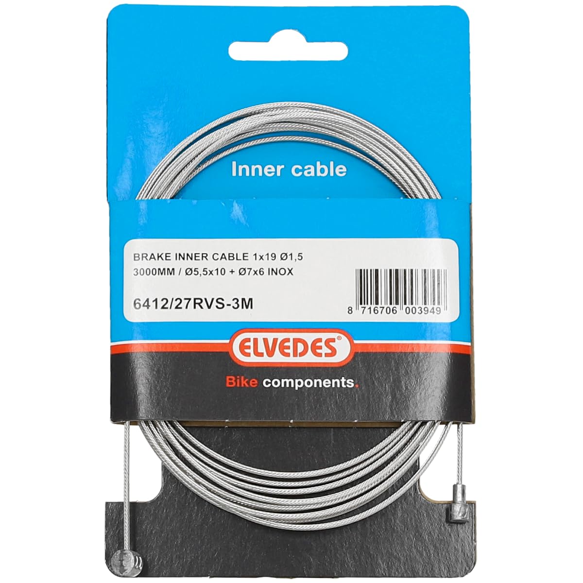 Elvedes Bremsinnenzug – 19-Strang, NiRo, Ø1,5 mm, 3000 mm, Schwarz, Road/MTB, V- & T-Nippel, SB-Verpackt, Einheitsgröße