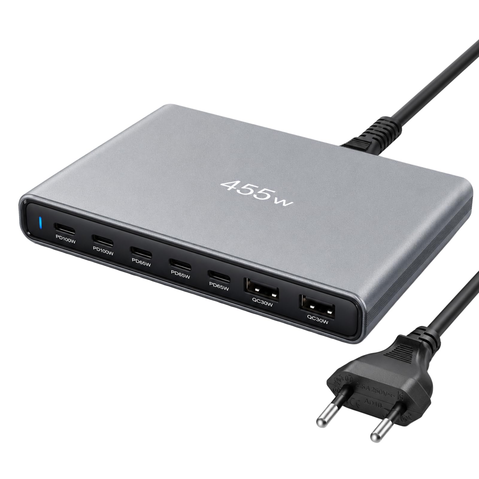 Ładowarka USB C 455 W, wielokrotna, 7 portów, stacja ładująca, PD, 100 W, USBC, zasilacz QC, 30 W, USBA, szybkie ładowanie, ładowarka GaN PD PPS, ładowarka do laptopów, padów, telefonów komórkowych