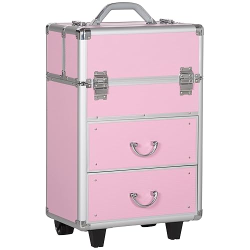 HOMCOM Aluminum Rolling Makeup Train Case, Portable Professional Cosmetic Makeup Case, Lockable Traveling Cart Trunk with Folding Trays, Swivel Wheels and Keys, Pink - Pink