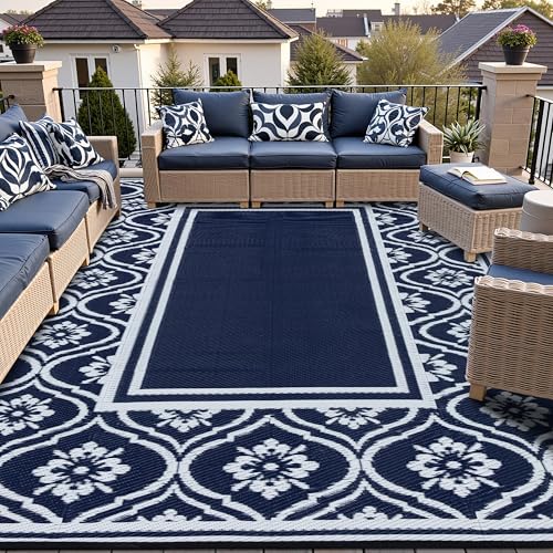 HUGEAR RV Outdoor Rug Waterproof Mat 9'x12' Camping Carpet Blue Outside Area Rugs Reversible Rugs for Deck Entryance Porch Picnic Balcony Beach
