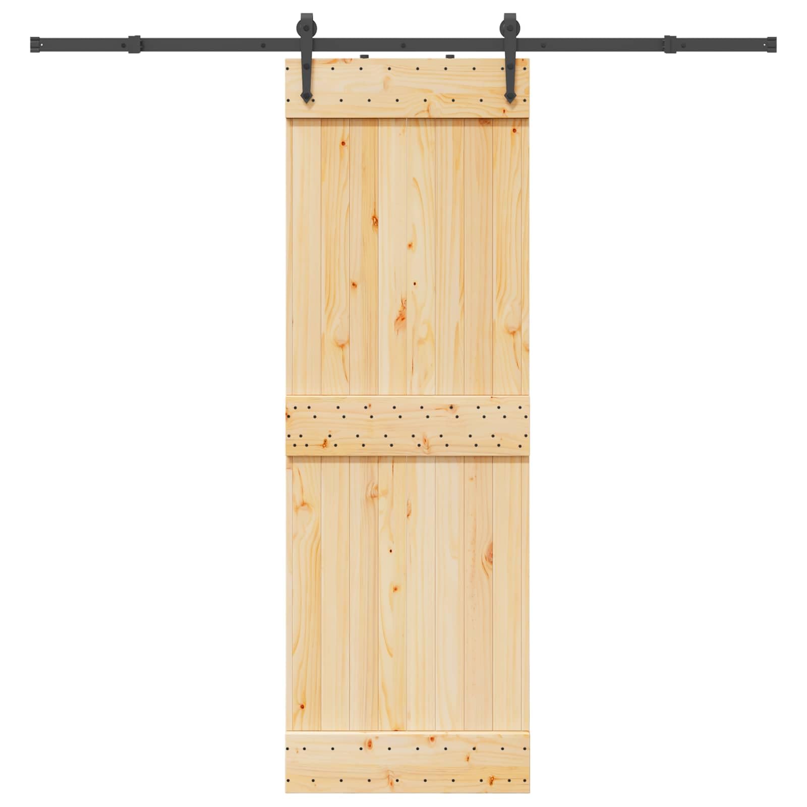Puerta corredera Narvik natural y negra 213,5 x 210 cm | Madera de pino maciza, guía de acero, mecanismo superior, diseño que ahorra espacio, para interiores