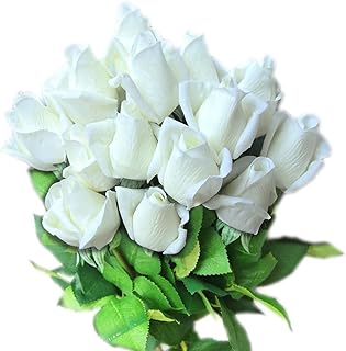 cn-Knight 12pcs Real Look Artificial Rose Buds, 22 Inch Real Touch Silk Rosebud, Realistic Design Artificial Flower with Real Feel Petals,Silk Flower Bud for Wedding Home DÃ©cor,White
