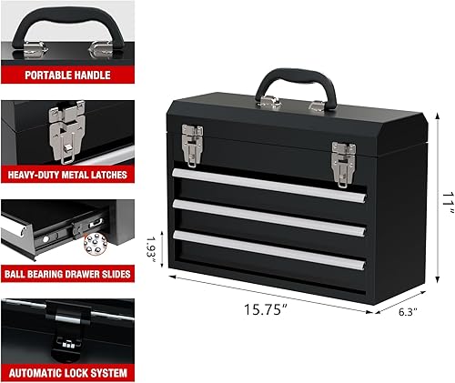 Miniatura 2 de UNITEDPOWER Caja de herramientas de metal portátil, 3 cajones de organización de acero micro caja de herramientas para el hogar, almacén, taller de