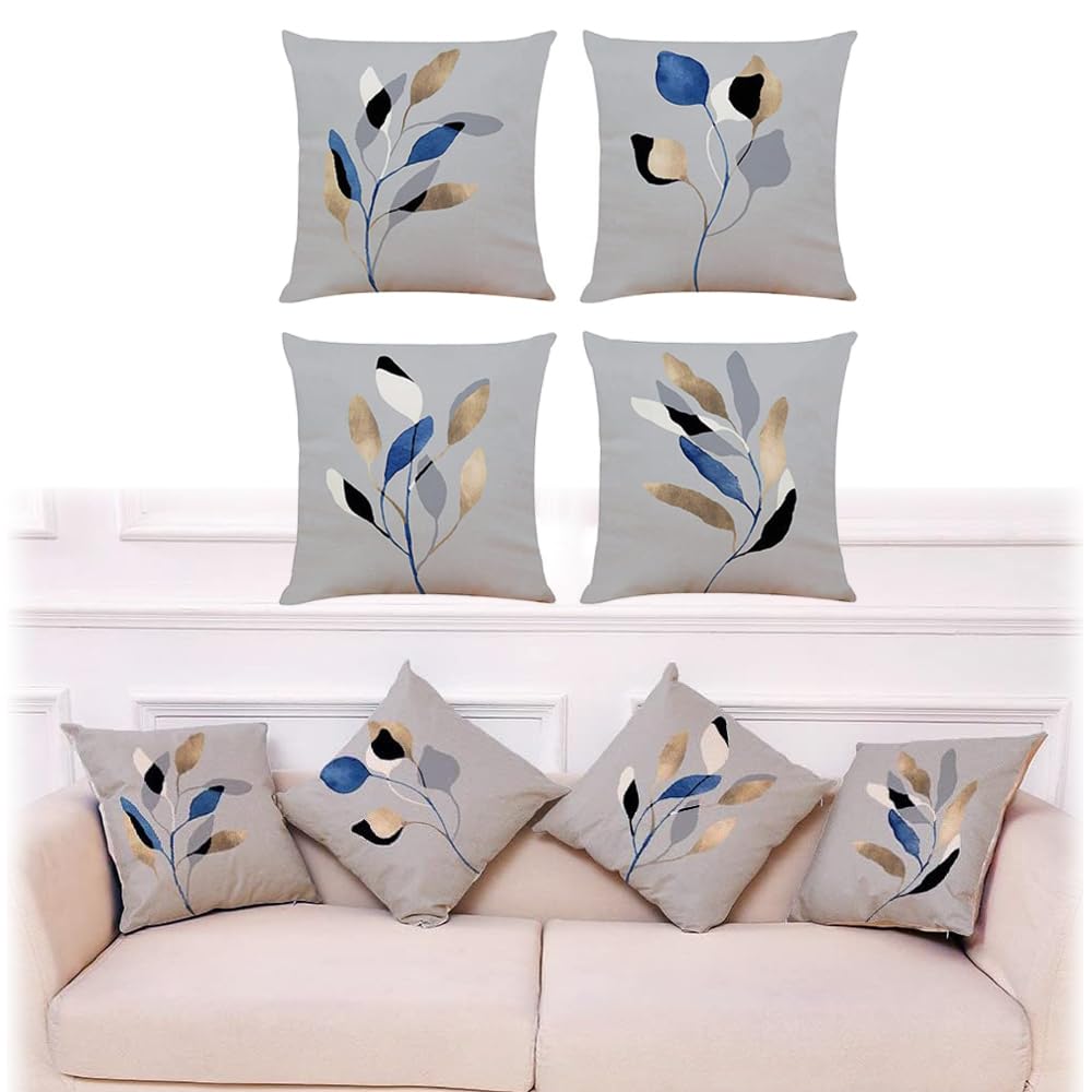 Azonee Cushion Covers - 4 Pcs 18x18 In Decorative Throw Pillow Covers. Soft Polyester Square Cushion Cases Art Floral Cotton Linen Pillowcase for Office/Home Sofa Pillows (Gray/Leaf)