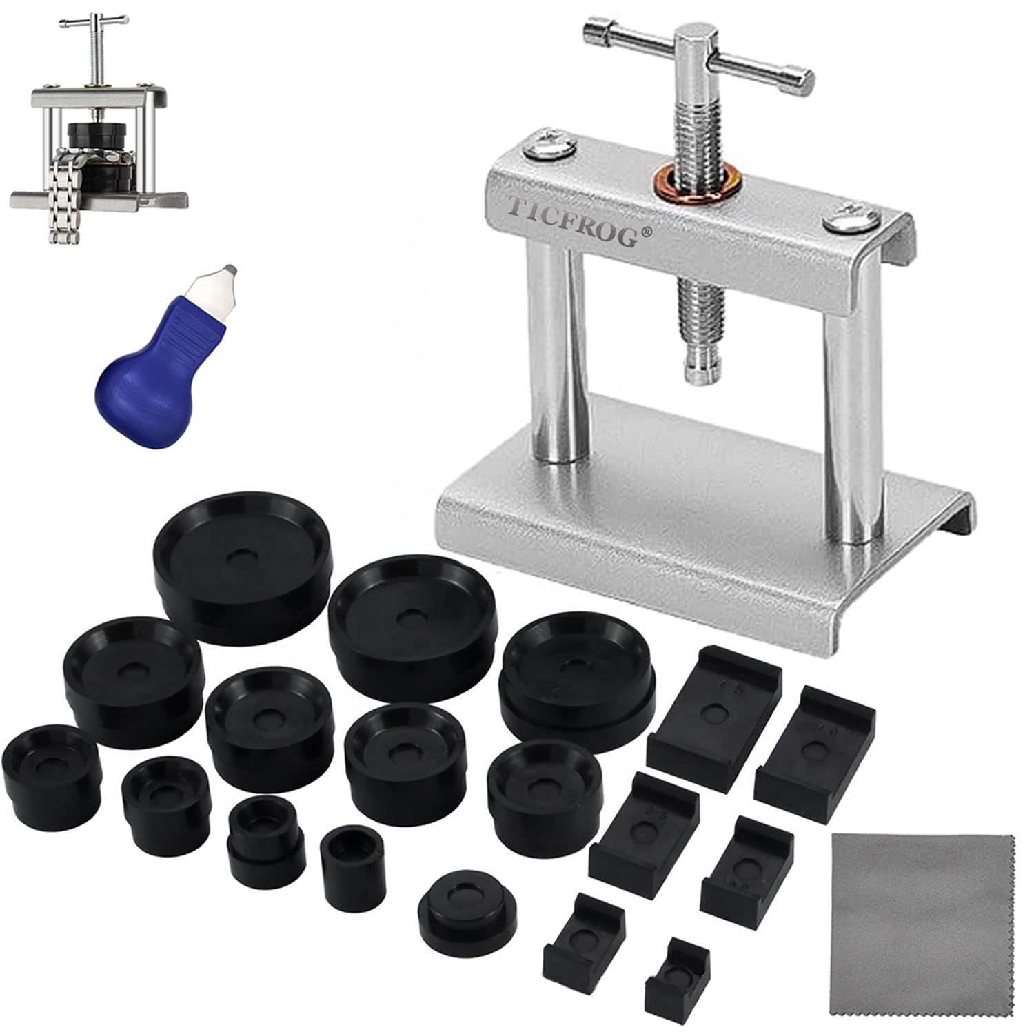 TICFROG Watch Press Tool Set, Back Case Closer for Closing the Cover, Watch Battery Replacement, Watch Opener Remover, Repair Kit for Wristwatches with 18PCS Molds and A Pry Opening, Compatible with Round and Square Rectangular Dials and Backs