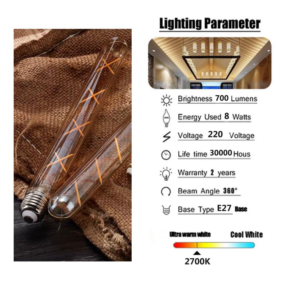 WANGPEI E27 T30-300mm LED Edison Vintage Bernstein Glas Tuber Wicklung Glühbirne 8W(70W Halogen Glühbirne äquivalent) 700LM Warmweiß 2700K Nicht Dimmbare E27 Retro Glühbirnen,12Stück