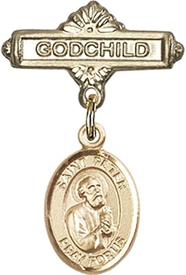 14kt Yellow Gold Baby Badge with St. Peter the Apostle Charm and Godchild Badge Pin 1 X 5/8 inches
