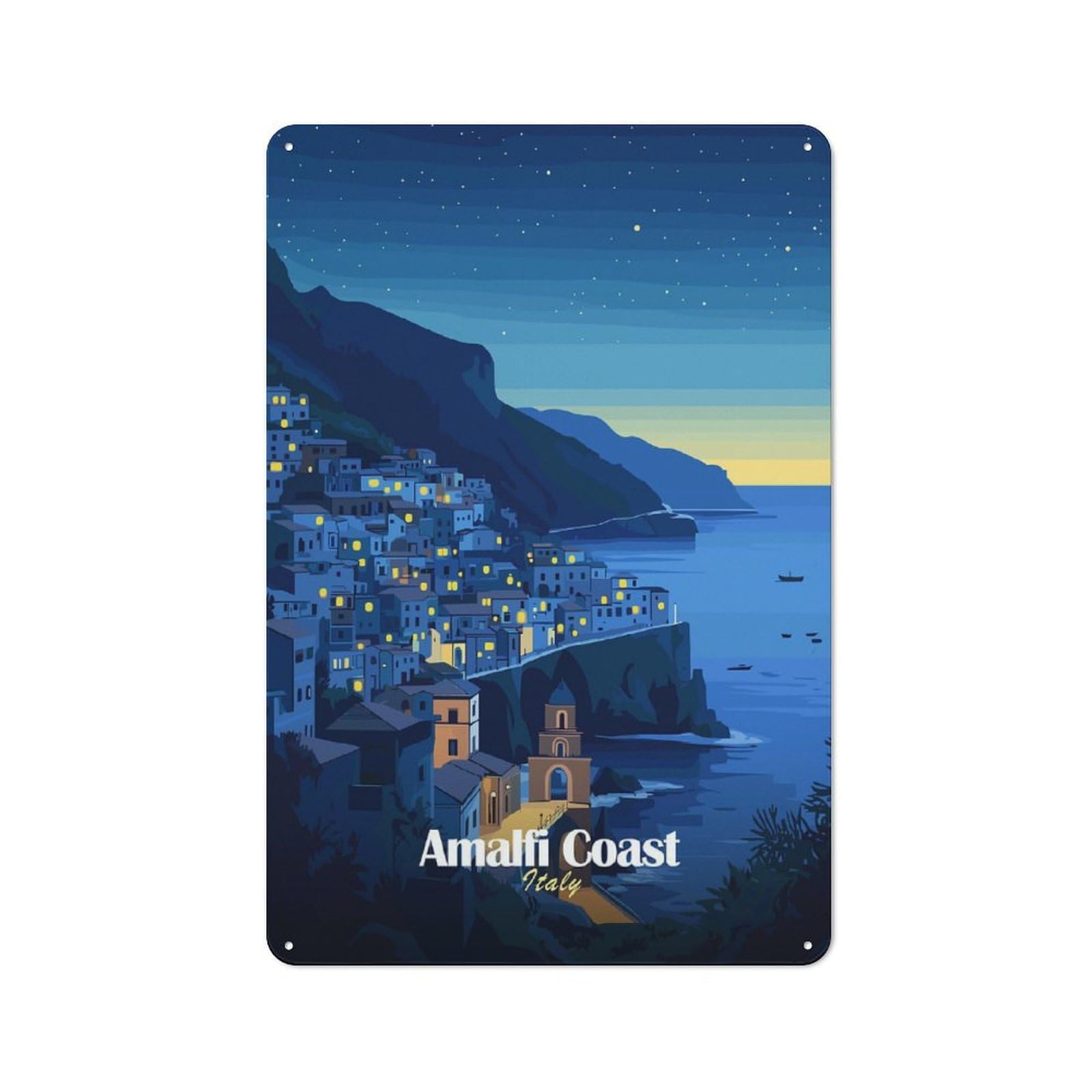 Junmoney Style-10 Amalfi Coast Night View Tin Sign 30X20cm, Creative Studio Wall Plaque For Hobby Room, Office, Lounge Or Living Room