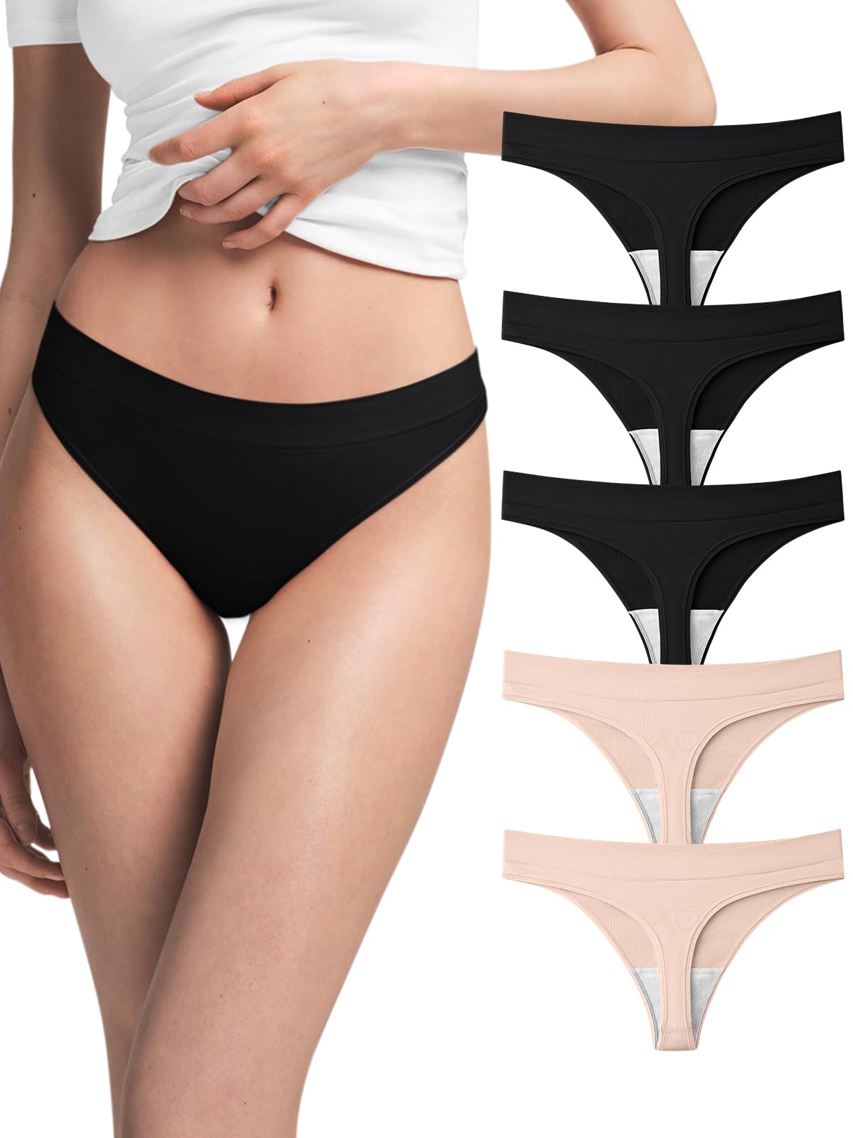 REORIA High Waisted Thongs for Women Breathable Seamless Thong Panties Sexy No Show Underwear 5 Pack
