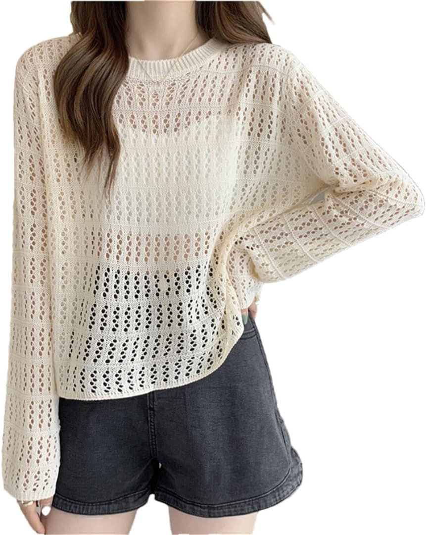 Women ® Female Spring and Autumn Design Feeling Small and Unique Knitwear Thin Sun Protection Cover Top Hollow Short Top