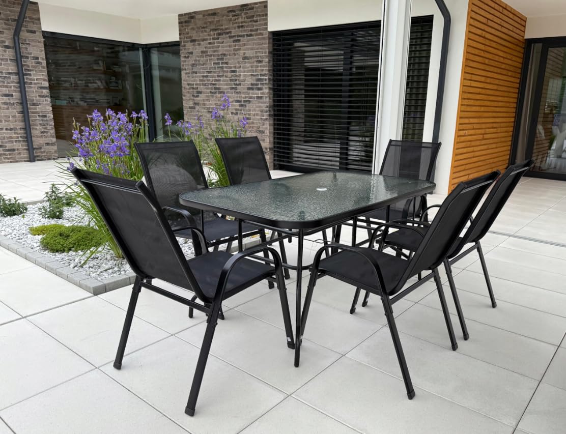BDW Lot de 4 chaises de jardin empilables à dossier haut - Structure en acier textilène - Pour jardins, cours, balcons - Empilables - Charge maximale : 150 kg - 92 x 54 x 65 cm - Noir (4)