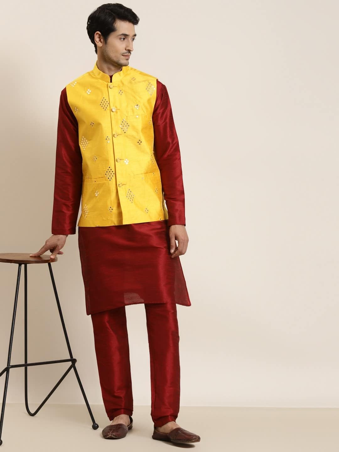 Sojanya (Since 1958 Men'S Silk Blend Mirror Work Indian Traditional Ethnic Dresses Only Nehru Jacket