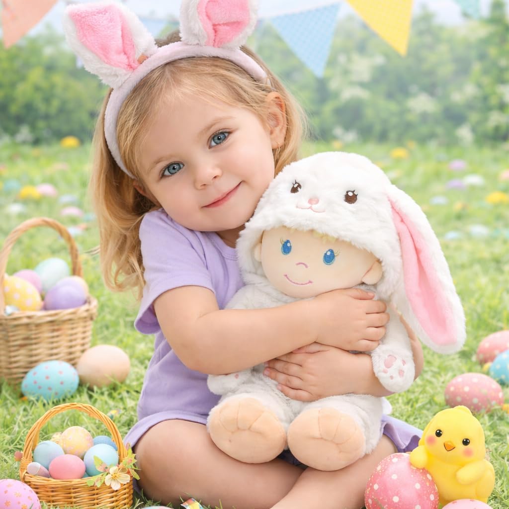 June Garden 12" Sweet Dolly Snowbun - Stuffed Ultra Soft Baby Doll for Birth and Up - Bunny Outfit