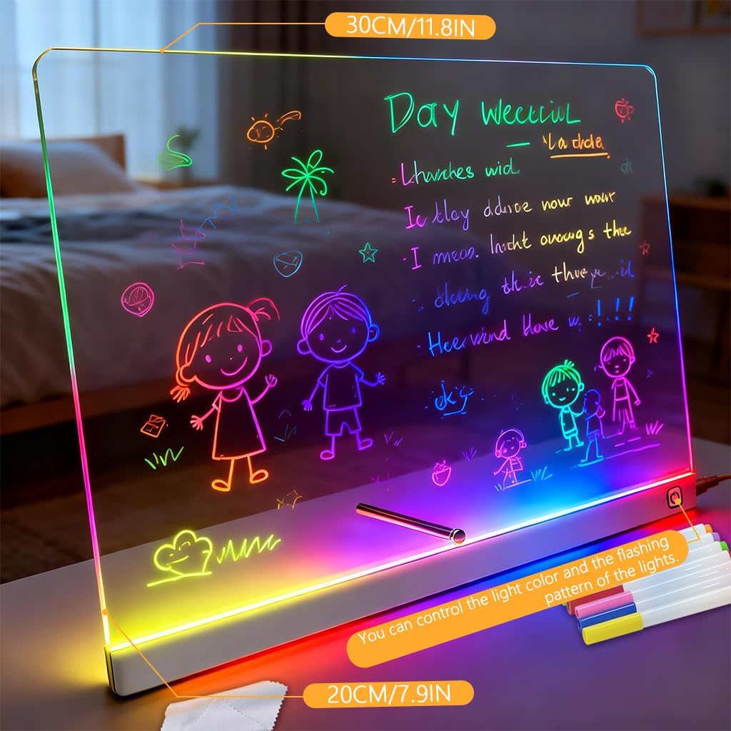 LED Drawing Board with 7 Colors & 3 Light Modes,Acrylic Glow Erase Note Board Includes Stand, 7 Markers, Spray Bottle,Perfect for Birthdays and Holidays (White, 1.81" L×7.87")