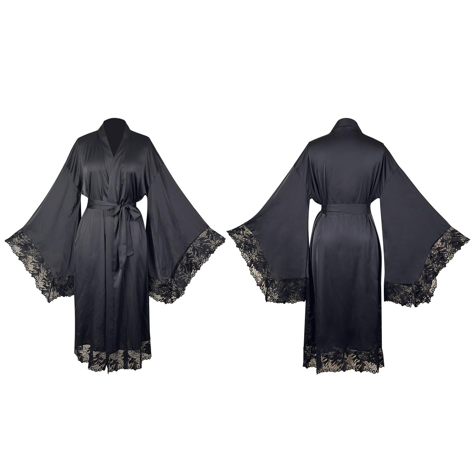 Accappatoio Kimono Camicia da Notte Sexy in Seta Ghiaccio con Maniche Lunghe Svasate E Finiture in Pizzo.
