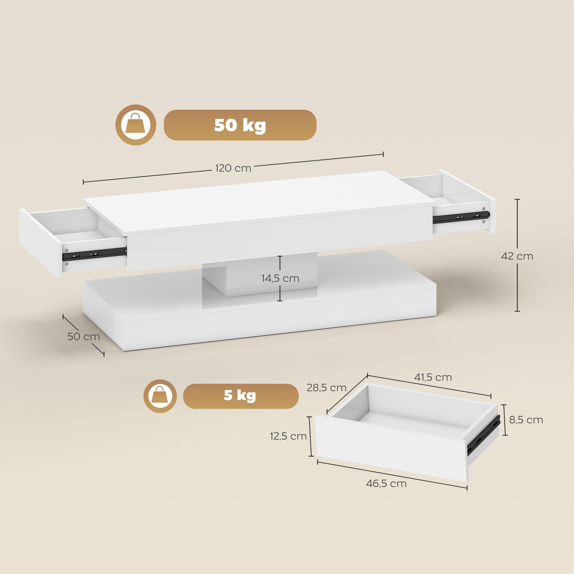 HOMCOM Couchtisch Hochglanz mit LED Beleuchtung 120 x 50 x 42 cm Weiß | Wohnzimmertisch, 12-Farbiger, Moderner Beistelltisch, 2 Schubladen, Offenes Regal, Kaffeetisch, für Wohnzimmer