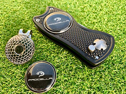Procella Golf Divot Repair Tool with Golf Ball Marker Hat Clip | Solid Metal Switchblade Knife Style Divot Tool | Multi Tool Golf Accessories for Men and Women