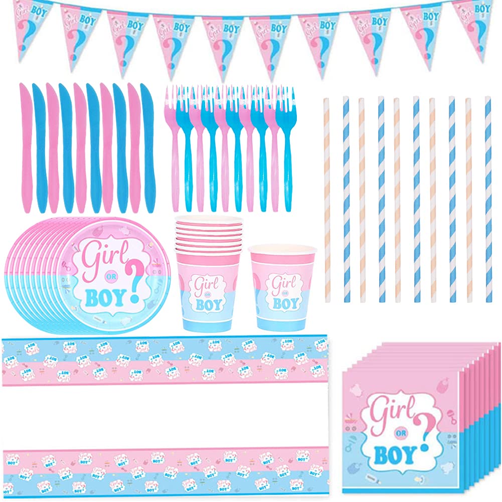 Babioms Reusable Gender Reveal Party Tableware Set, Includes Tablecloth, Paper Plates, Handkerchiefs, Paper Cups, Straws, Forks, Banner, 10 Person 62 Pieces