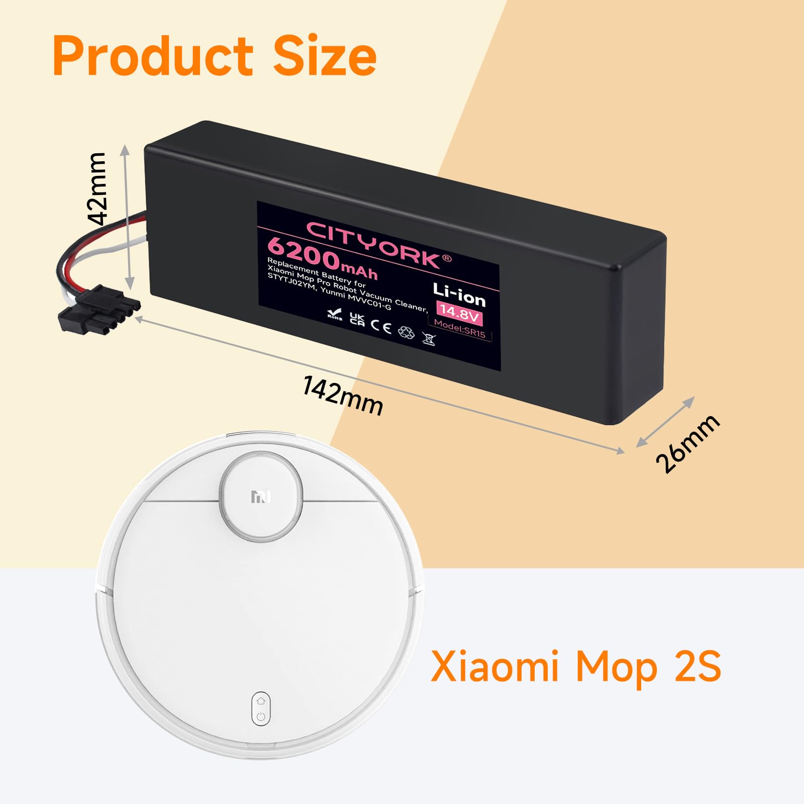 CITYORK 6200mAh 14,4V Batería de Repuesto para Xiaomi Mop 2S / Mop P/Mop Pro, Batería Compatible con Xiaomi Mijia STYTJ02YM / XMSTJQR2S Aspiradora Robot Batería
