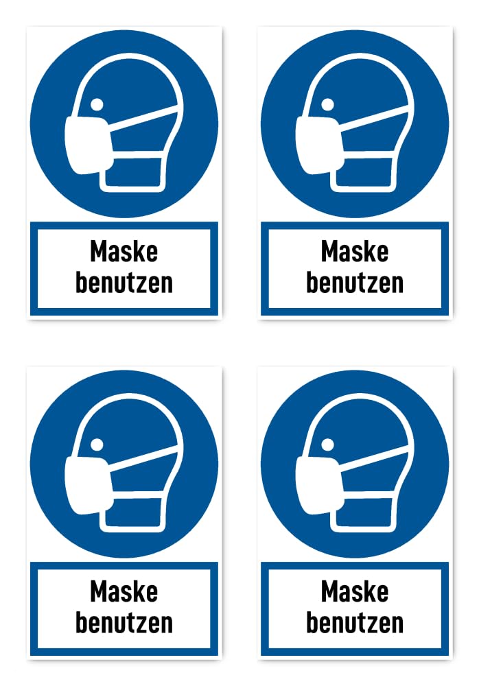 Stickers: 112.5 x 75 mm, Pack of 4 – Use Mask – Mandatory Sign with Text (German) (Blue/White) – Vertical – M016 – DIN EN ISO 7010 / ASR A1.3