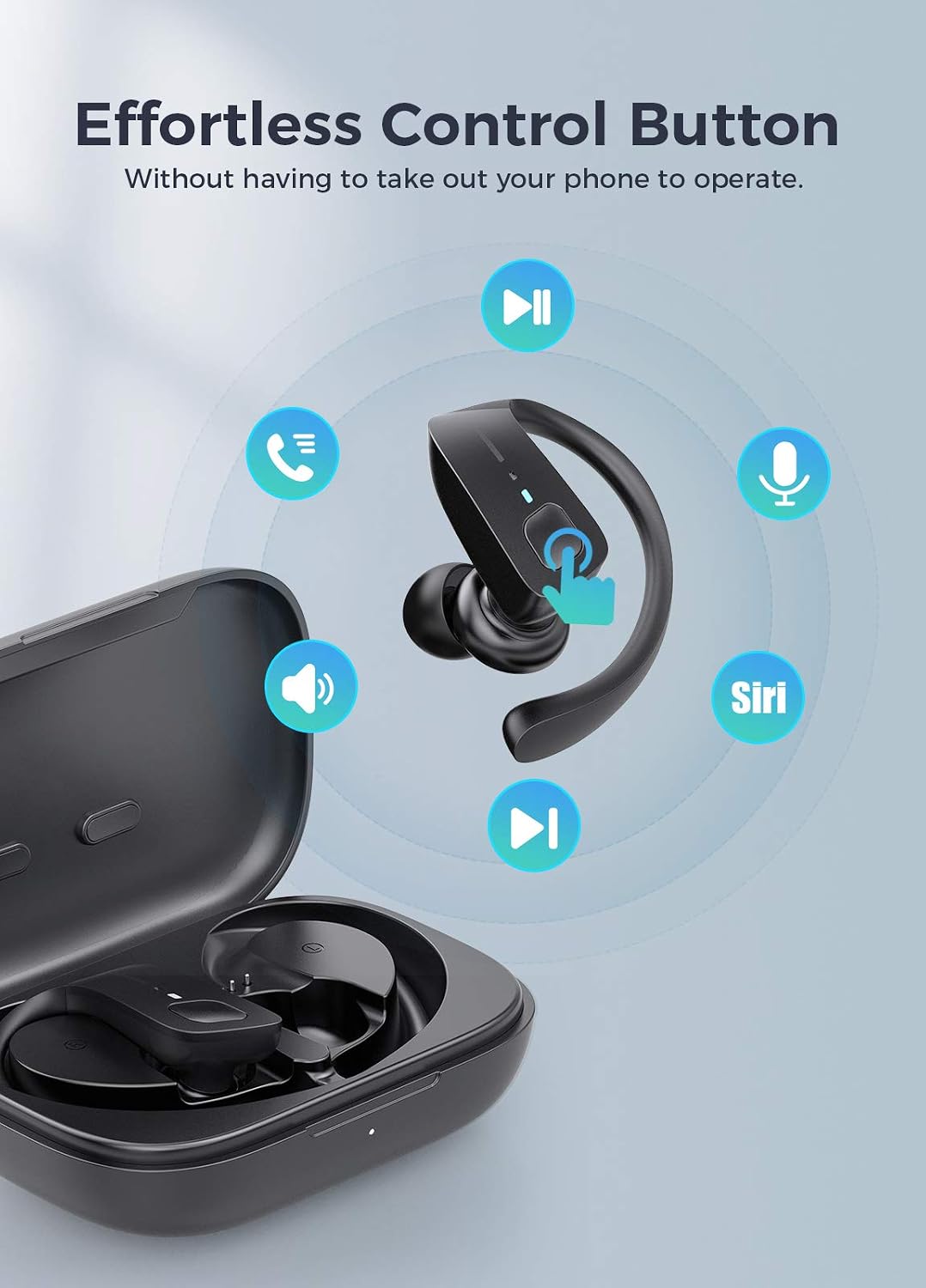Bluetooth Headphones Wireless Earbuds 35H Play Time Earphones with Microphone IPX7 Waterproof with earhooks for Gym Sports Outdoor Black