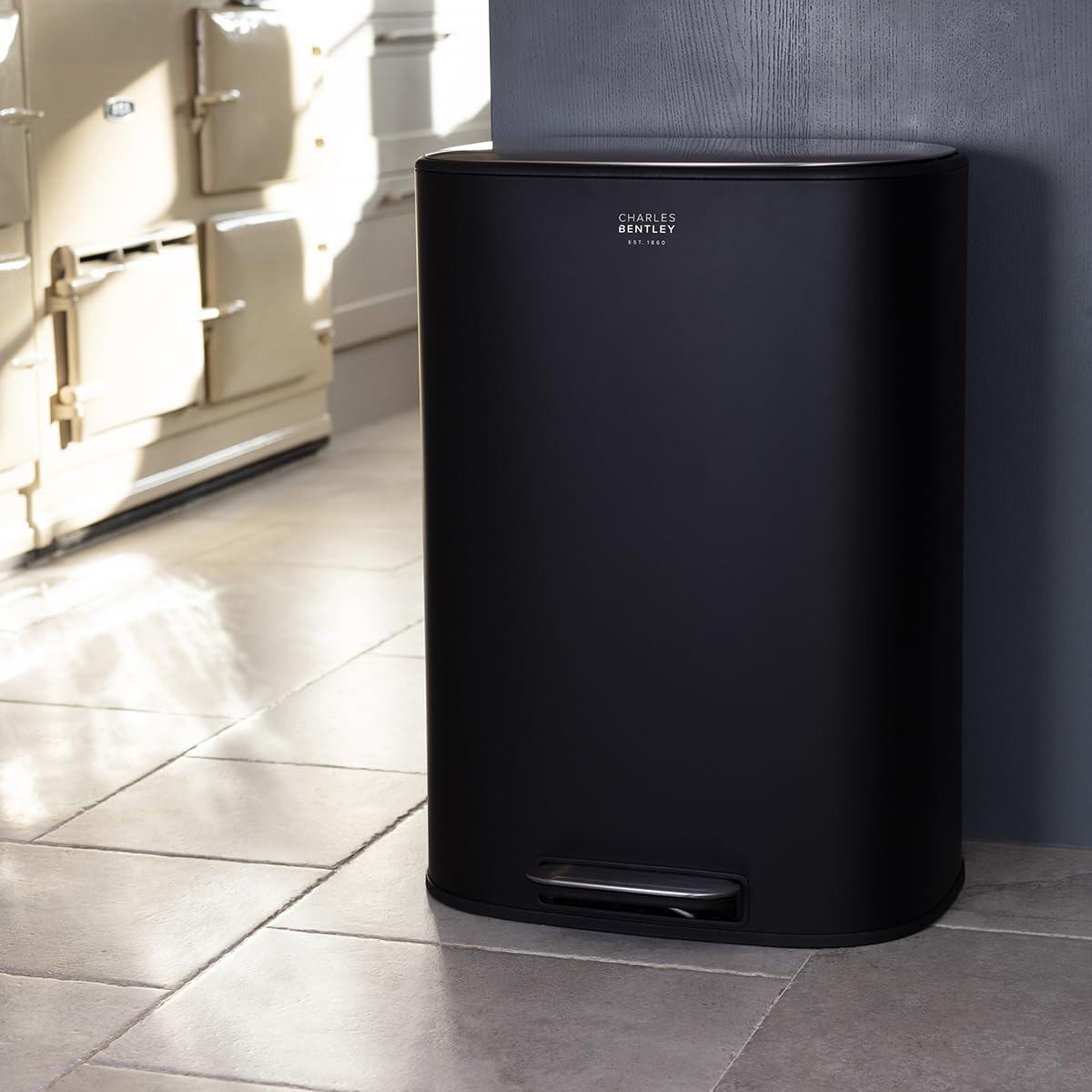 CHARLES BENTLEY Kitchen Bin, 50 Litre Capacity, Black, Pedal Function, Kitchen Bin, Rubbish Bin, Waste Bin, Pedal Bin, Black Bin, Soft Close Function, Easy Wipe Clean, Stainless Steel (63.7x37.3x46cm)