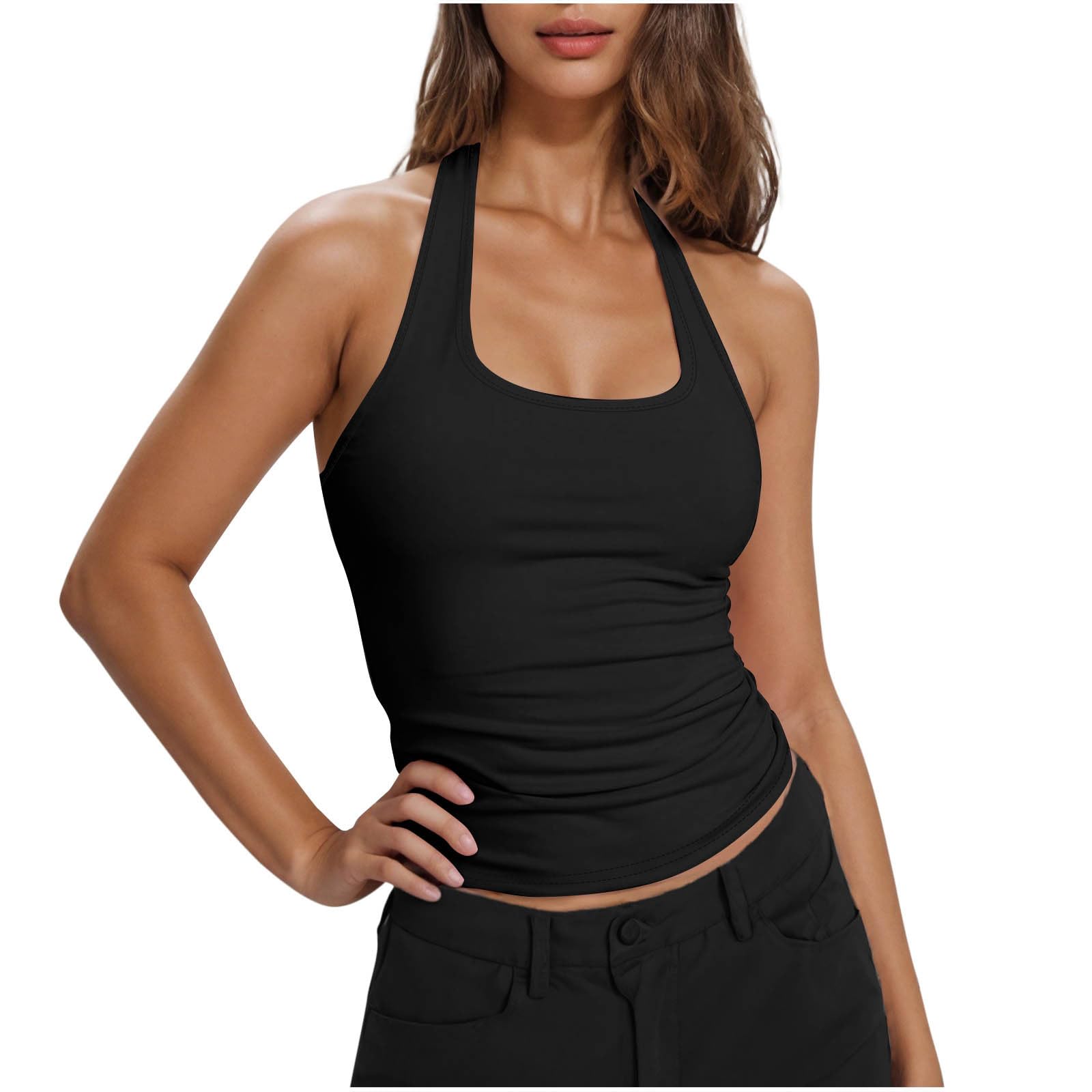Women Halter Neck Tank Tops Square Neck Camisole Basic Slim Fitted Tee Shirts Sleeveless Workout Tshirt Fashion Tees