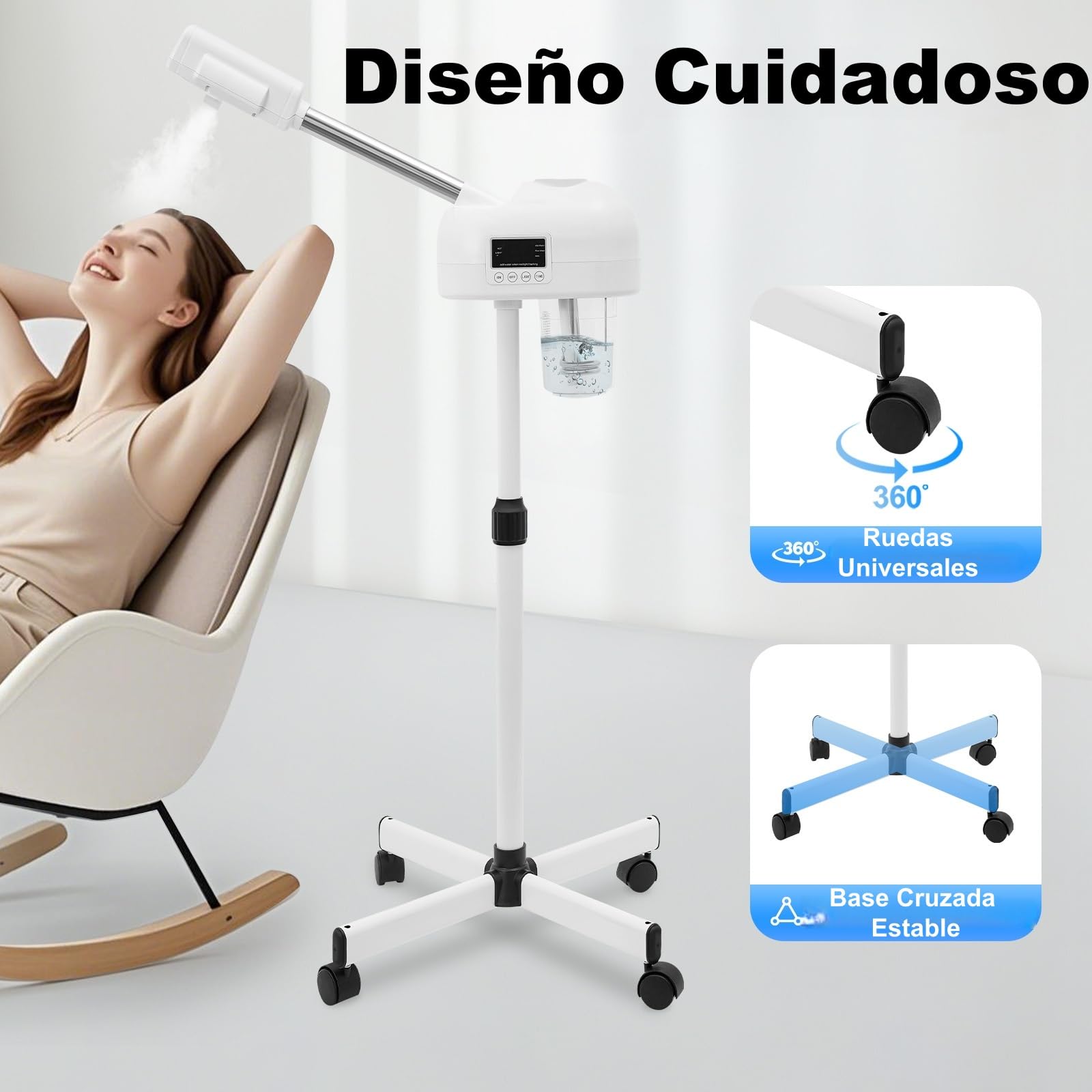 Vaporizador facial a 42 °C, vaporizador multifuncional, con boquilla giratoria de 360 grados y panel de control LCD, profesional para salón y hogar