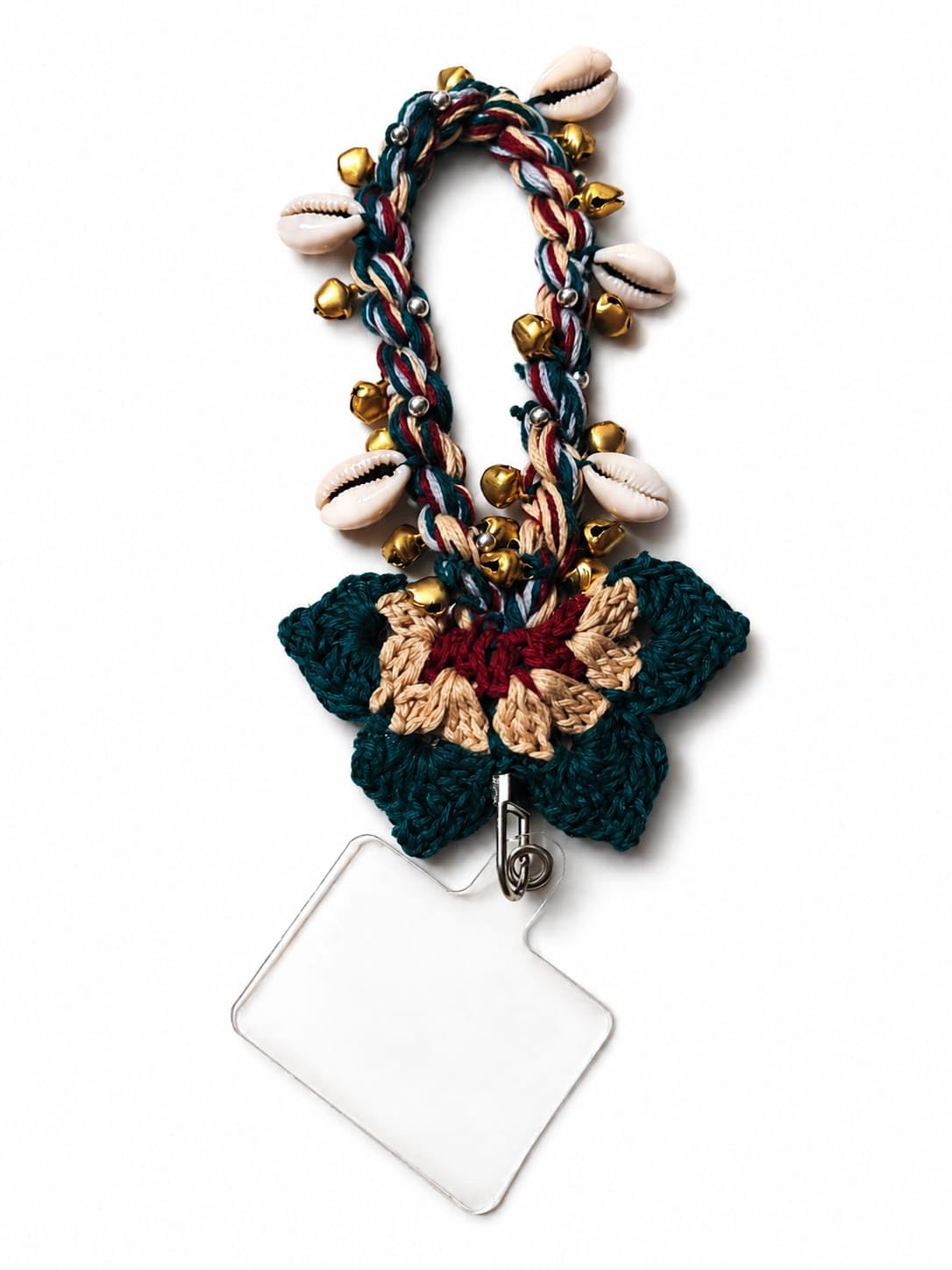 Handmade Crochet Floral Phone Charm Lanyard with Cowrie Shells & Bells | Boho Neck Badge Holder for Mobile-image-12