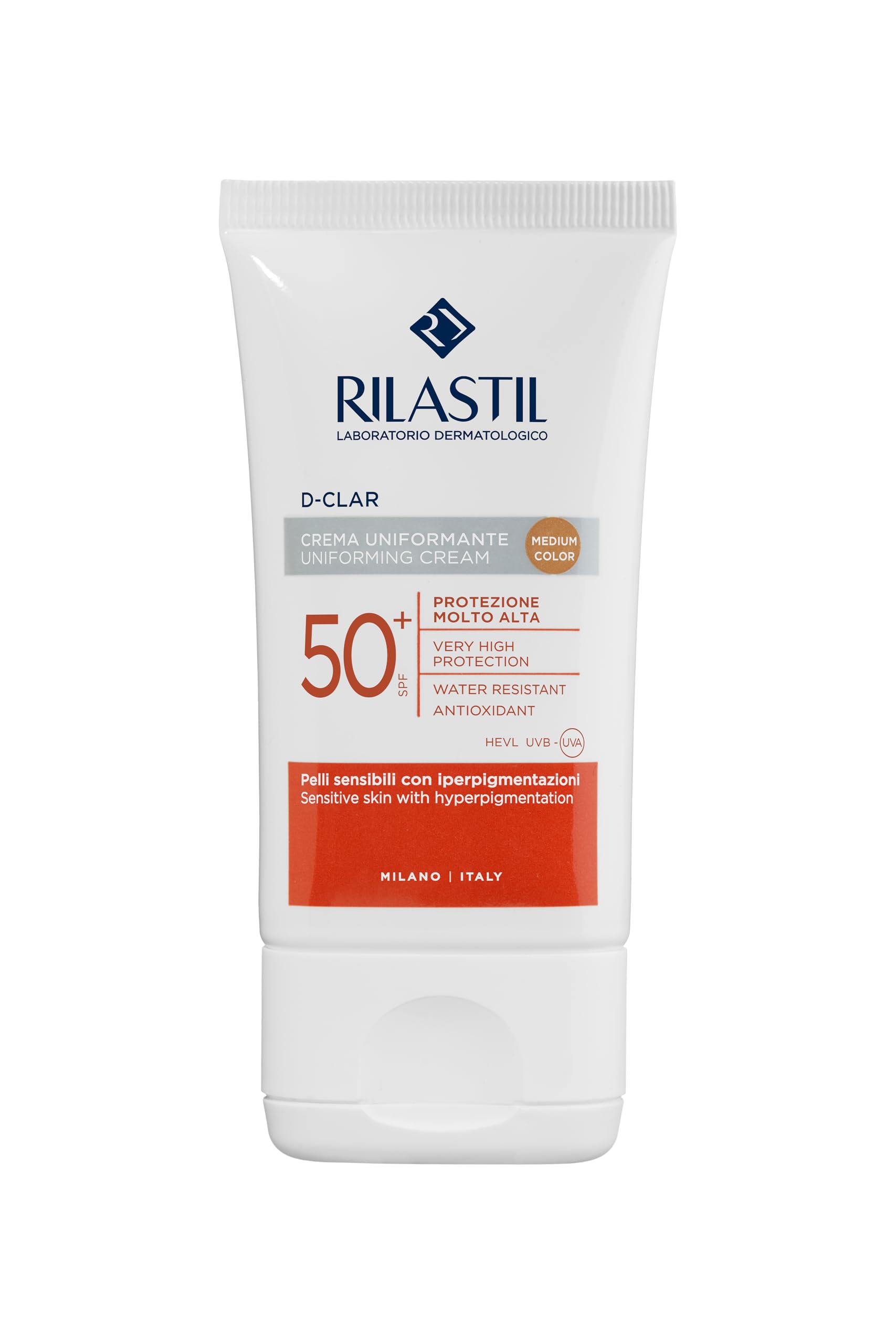 Rilastil D-Clar Crema Colorata Viso, Azione Depigmentante e Uniformante per Pelli Sensibili, SPF 50+, Medium, Confezione da 40 ml