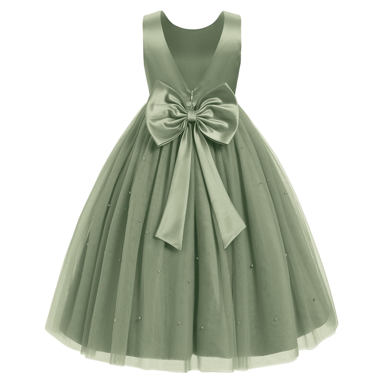 Photo 1 of IBTOM Castle Flower Girl Satin Pearl Tulle Princess Dress Sage Green 7-8Y