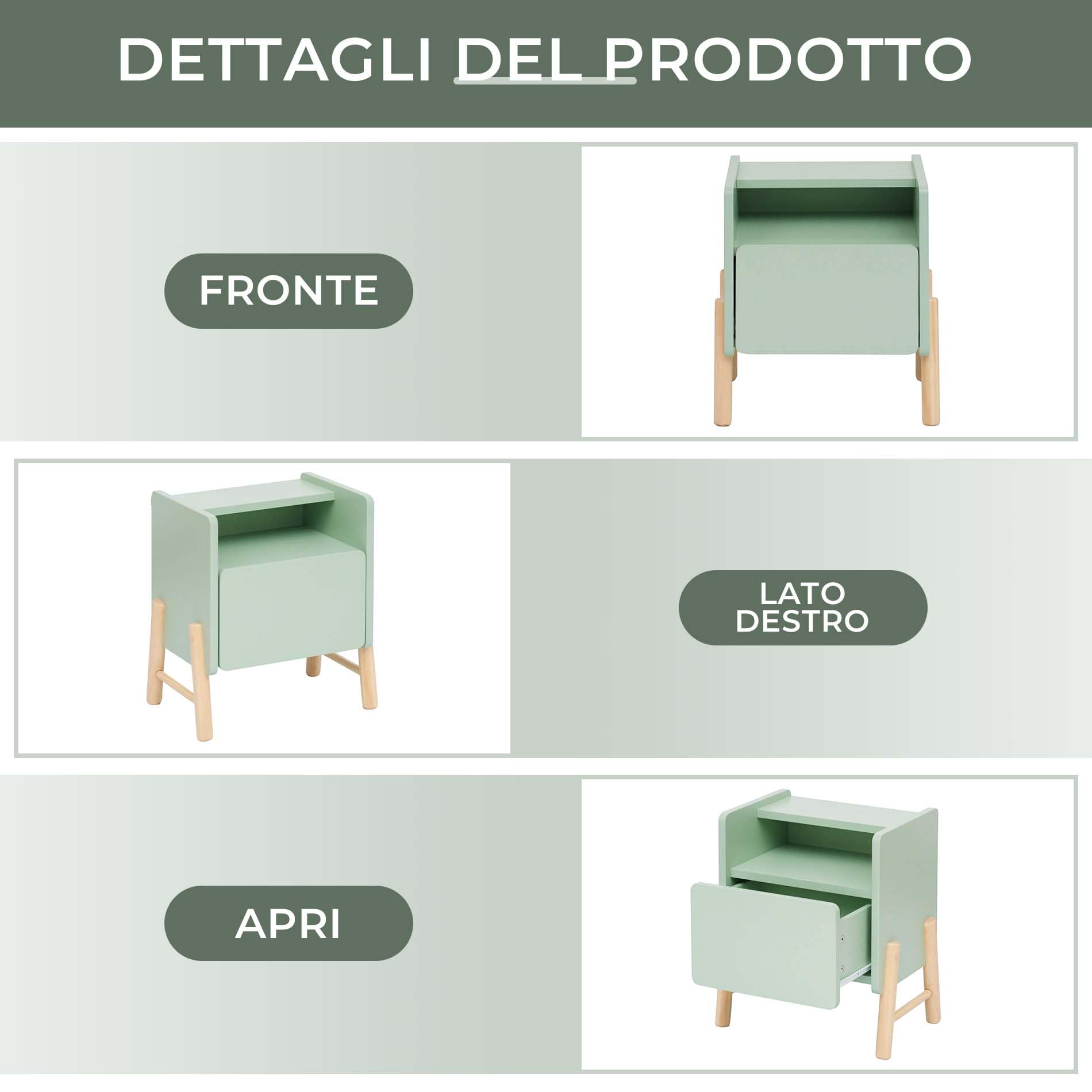 Rebecca Mobili Comodino con 1 Cassetto e 1 Ripiano, Comodino per Cameretta, Verde Acqua Marrone, MDF Pino, Stabile, per Camera Montessori - Misure HxLxP: 49 x 43 x 30 cm - Art. RE7130