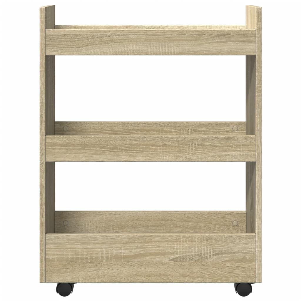 Carro de almacenamiento genérico estrecho de 3 niveles Chene Sonoma | Madera de ingeniería estable, 4 ruedas giratorias, 2 bloqueables, para sala de estar cocina y cuarto de baño