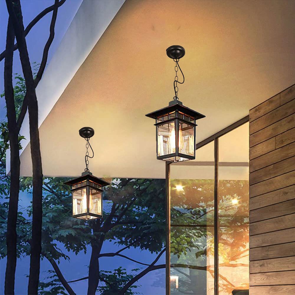 Deckenleuchte Hängelampe Aussen Pendelleuchte Schwarz Vintage Industrie E27 Innen Metall Hängeleuchte Wasserdichte IP23 Aluminium Glas Outdoor Retro Pendellampe Lampenschirm Laterne für Garten