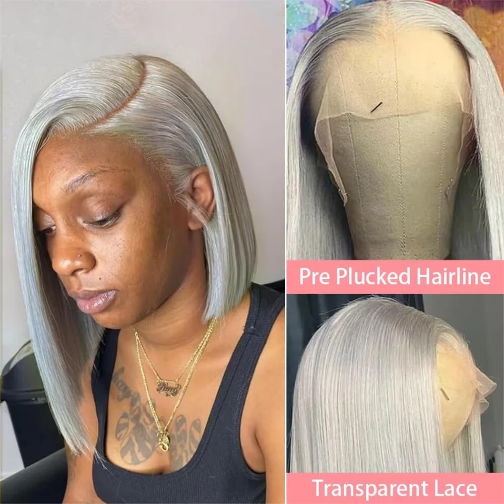 13x4 HD Lace Front Bob perruques cheveux humains gris sans colle perruque for les femmes gris argent couleur pré plumé délié naturel 200 densité Extensions de cheveux(16 inch)