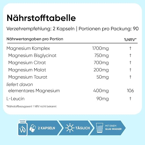 Magnesium Glycinate 4-in-1 Complex - 400mg Elemental Magnesium - 180 Vegan Capsules (3 Months Supply) - 1700mg as Citrate, Bisglycinate, Taurate & Malate - Added 90mg Leucine - Made in the UK - 3