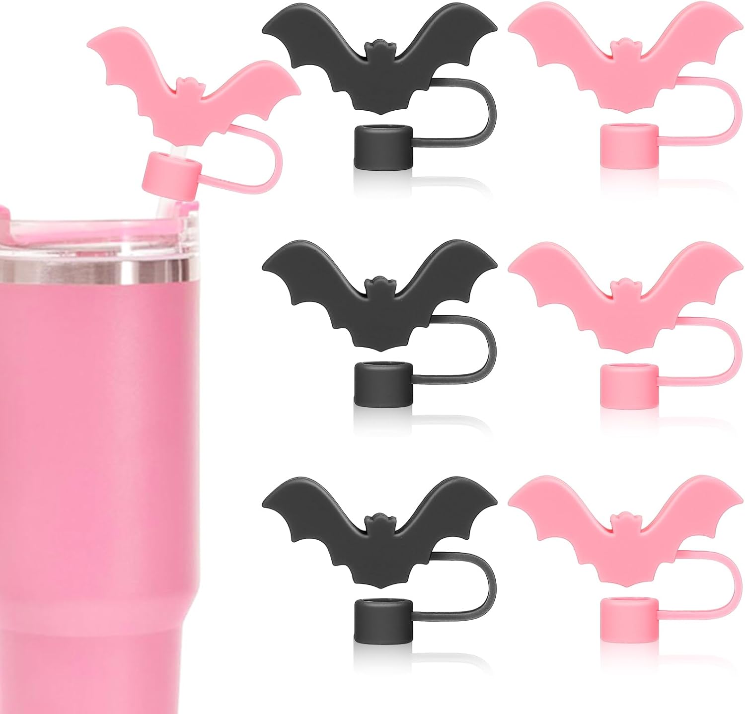 JarThenaAMCS 6Pcs Halloween Bat Silicone Straw Covers Pink Black Bat Portable Drinking Straw Tips Cover Reusable Straw Protector Topper for 0.4in Straws, Cup Accessories