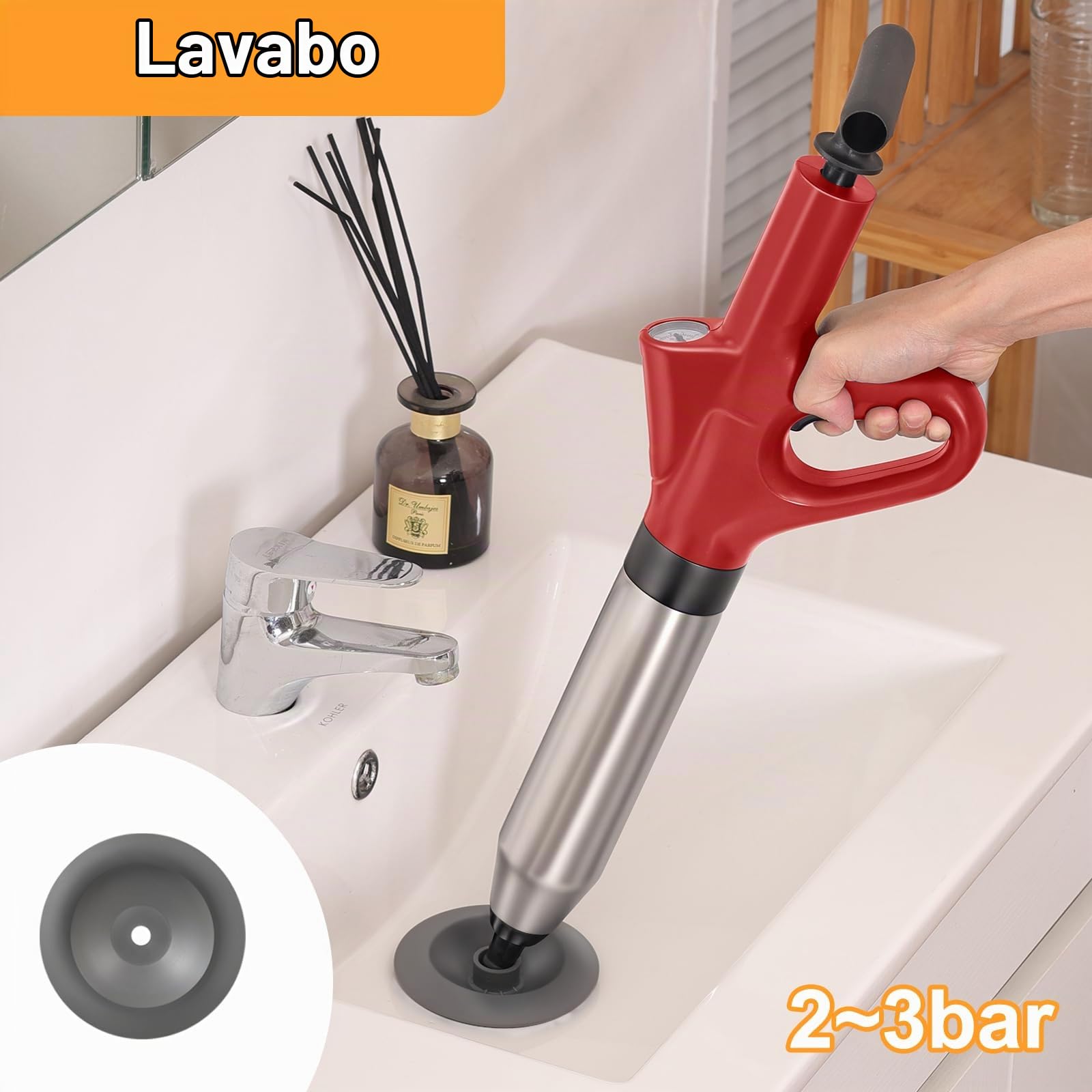 Pompa Stura Scarichi a Pressione, Sturatubi Aria Compressa con Barometro, Sturalavandini a Pressione con Quattro Diverse Ventose per Bagni Servizi Igienici Lavabi