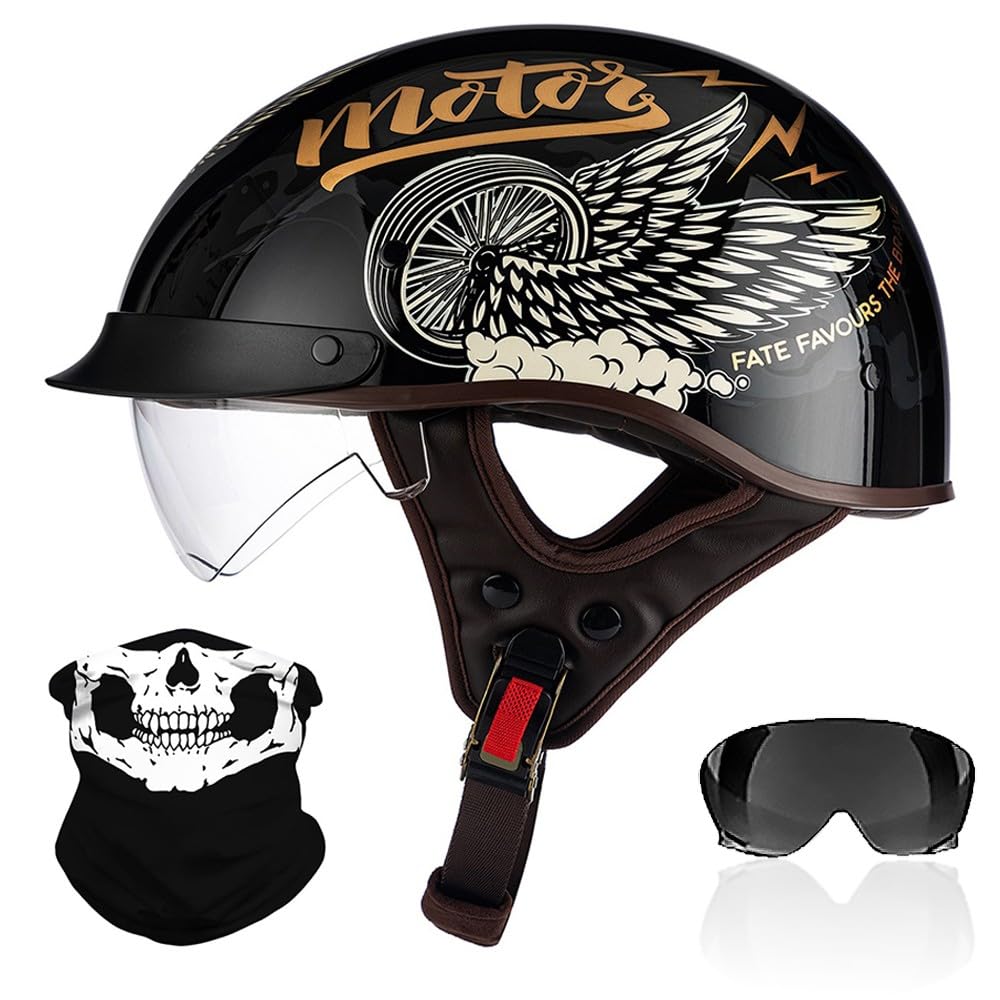 RHBDDHV Retro Half Face Motorbike Helmet, ECE2206 Approved, Black, Jet Helmet with Built-In Goggles for Cruiser Moped Scooter
