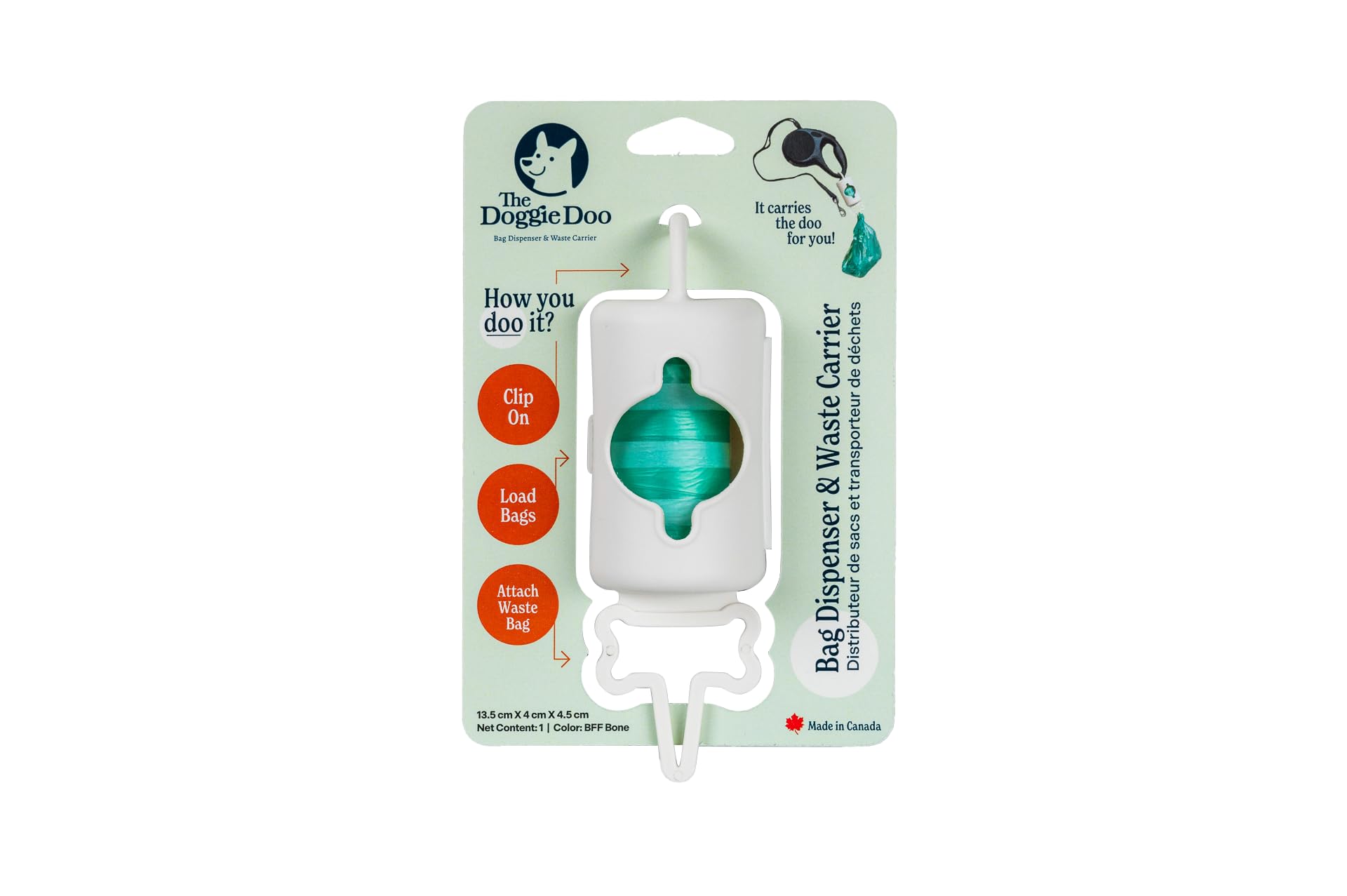 The Doggie Doo Bag Dispenser & Waste Carrier – Carries the Bags and the Doo for You! Attaches to Leash, Suited for Small/Medium Dogs, Hands-Free Holder, Strong Durable Material, Bone Color