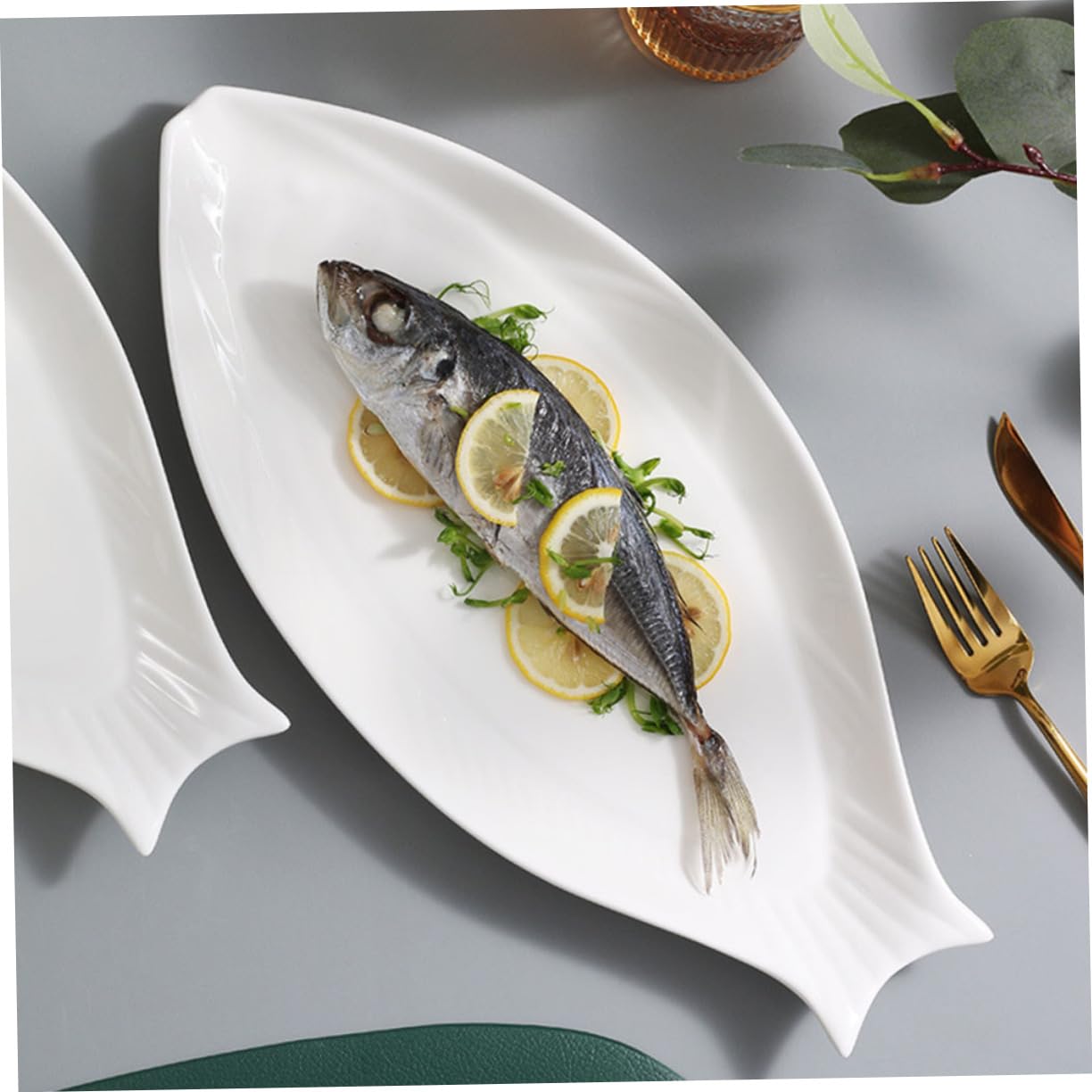 Piatto Pesce in Ceramica Bianca, Piatto da Portata a Forma Ellittica