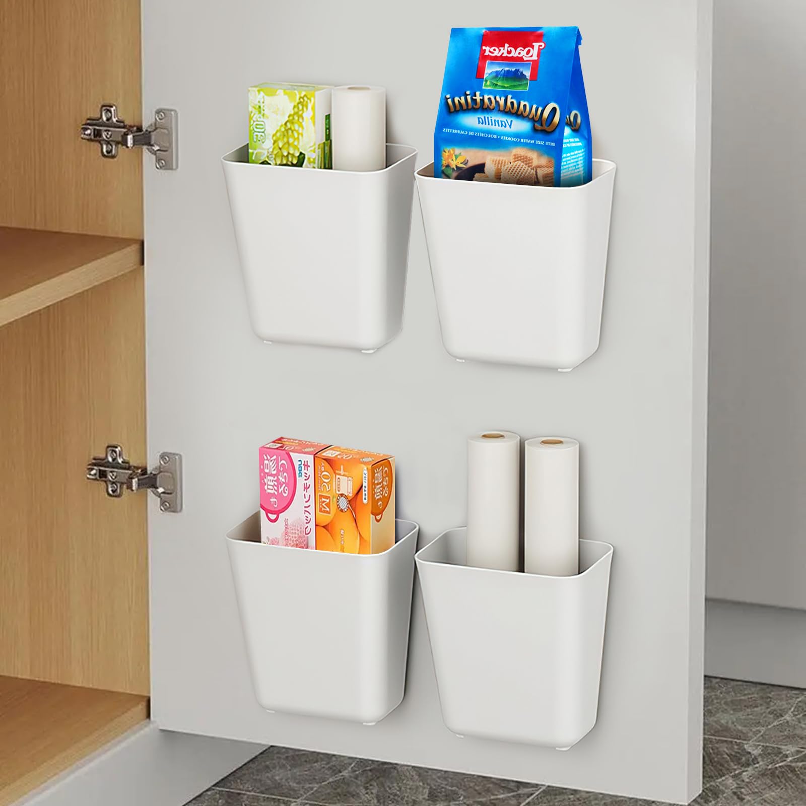Zikenis 4 Pezzi scatole portaoggetti autoadesive montate a parete, scatola portaoggetti per piccoli oggetti, scatola portaoggetti per porta dell'armadio da cucina, per armadietto, bagno, frigorifero
