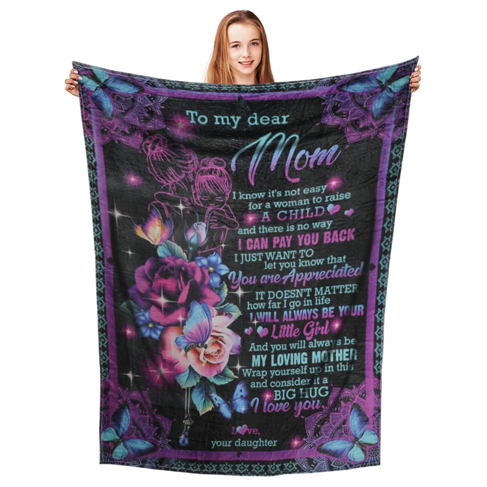 Welltop Personalized Flannel Blanket to My Mom Gift from Daughter, Ultra Soft Flannel Fleece Blankets Birthday Mother's Day Christmas Cozy Lightweight Throw Blanket Fits Couch Sofa Bed (59x79in)
