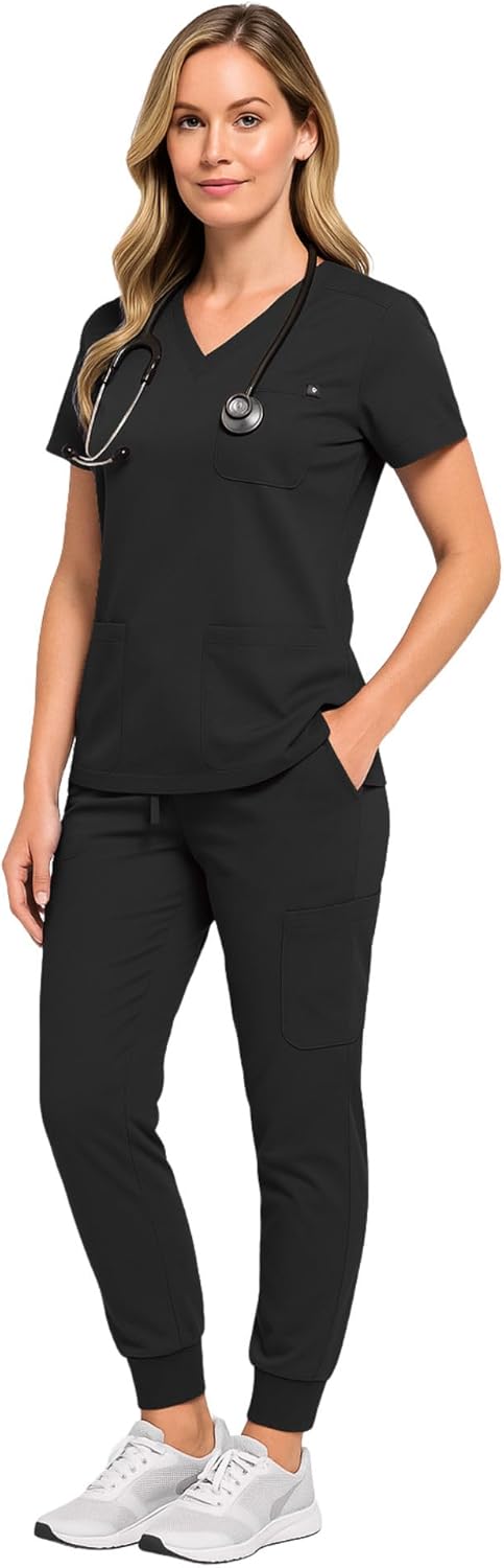M&M SCRUBS Women’s Essential 10-Pocket Jogger Scrub Set – Stretch V-Neck Scrub Top & Cargo Pant Medical Uniform