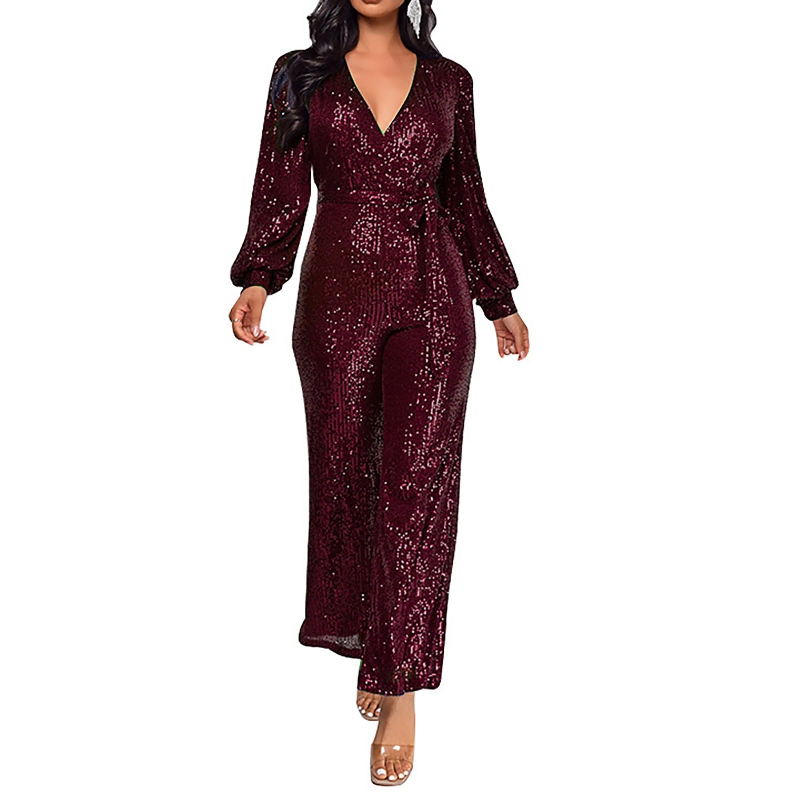 Combinaison à paillettes pour femme - Paillettes brillantes - Col en V - Manches longues - Barboteuse droite et large - Pantalon long, bordeaux, S