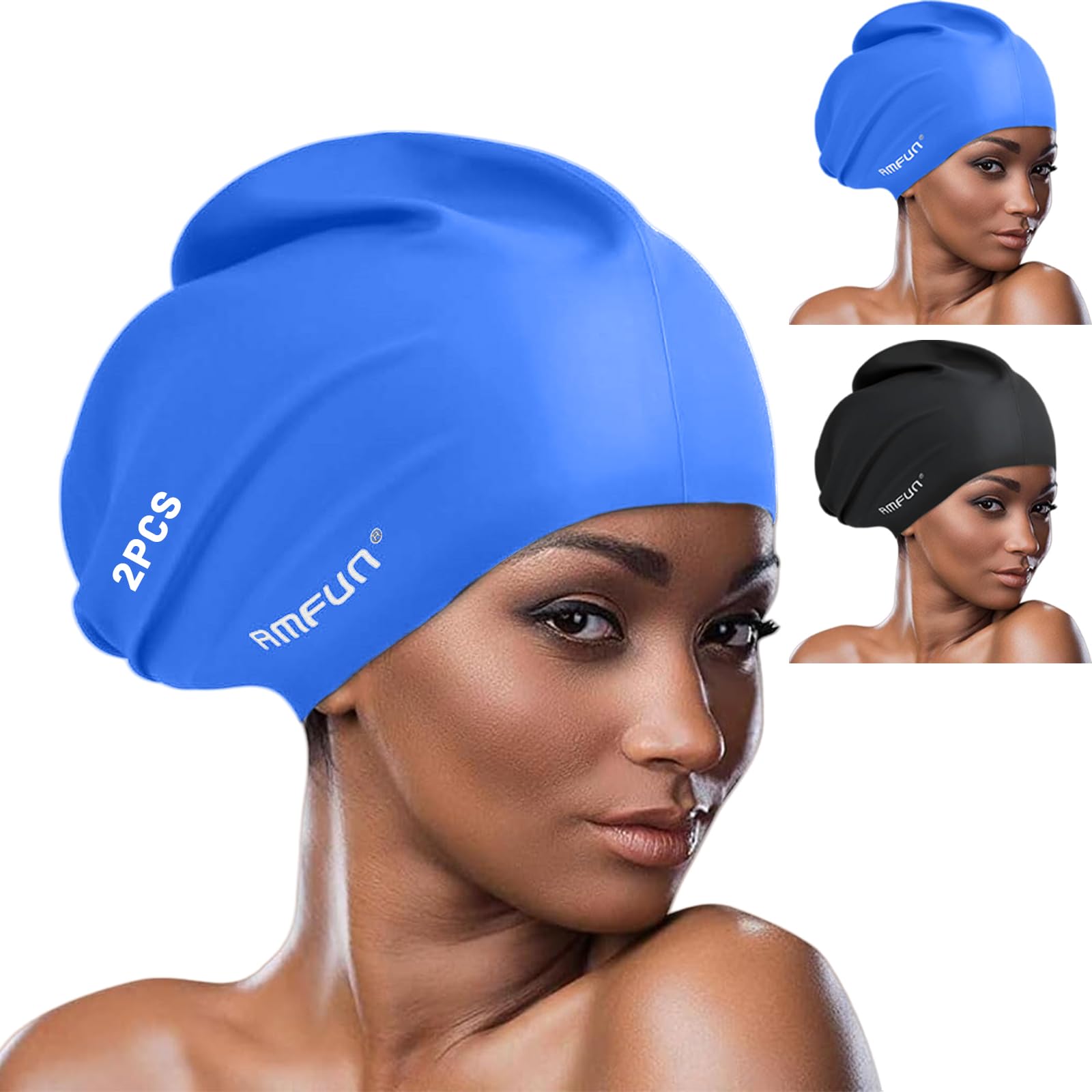 AMFUN 2 PCS Swimming Cap for Long Hair, Extra Large Swimming Caps