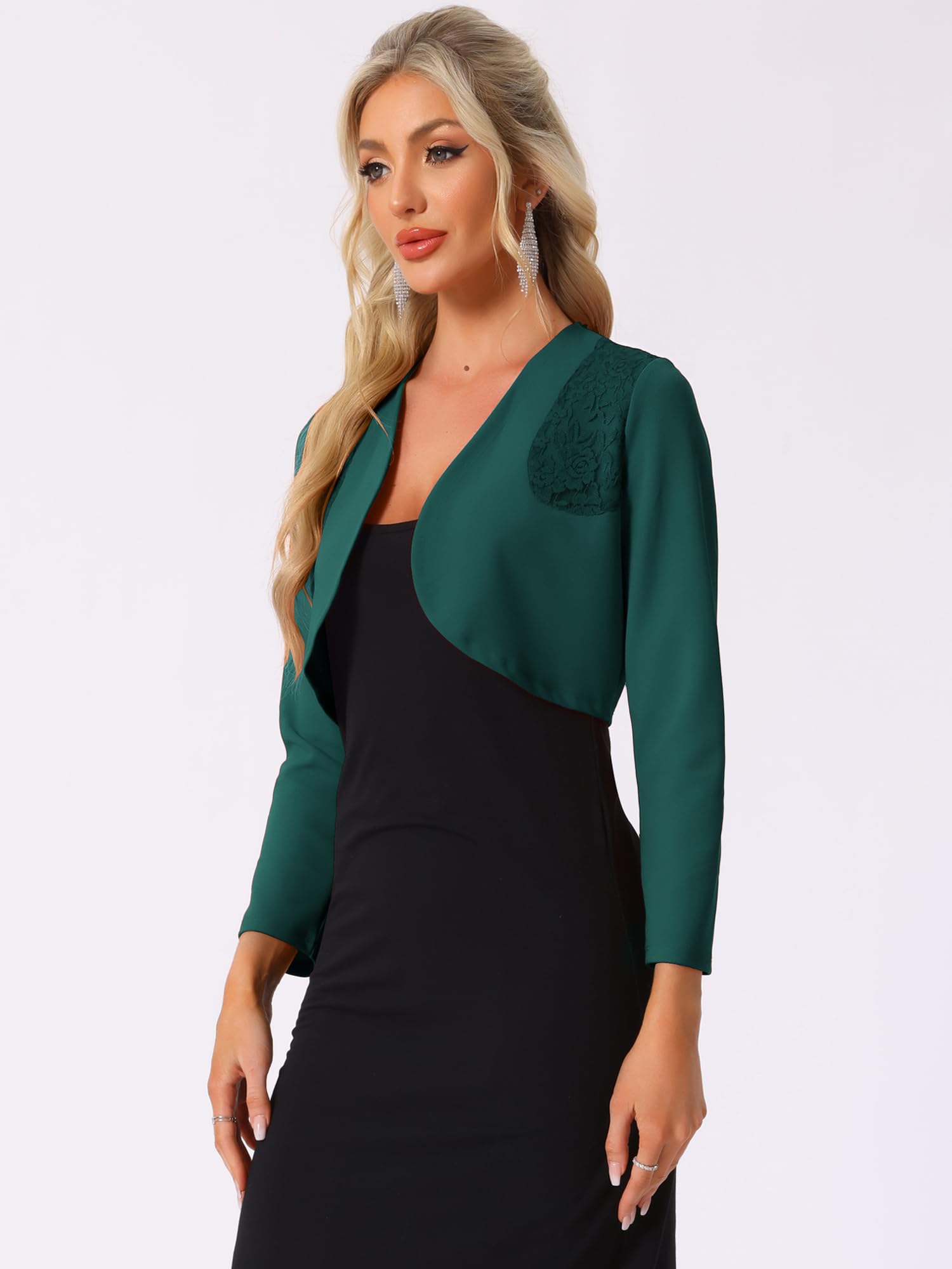 Allegra K Boléro élégant pour femme avec empiècement en dentelle pour le bureau d'affaires ouvert sur le devant, vert foncé, Taille M