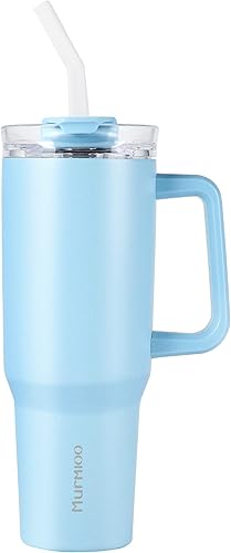 Murmioo Vaso de 40 onzas con asa y popote, taza de viaje de acero inoxidable de doble pared aislada a prueba de fugas, mantiene el frío, el calor y